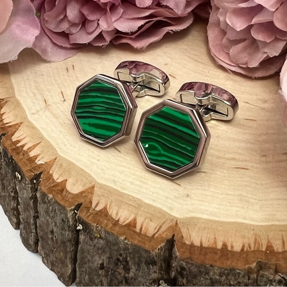 Stunning Green Malachite Silver Octagon Cufflinks Tuxedo Studs Formal 8 Pcs Set - Picture 10 of 16